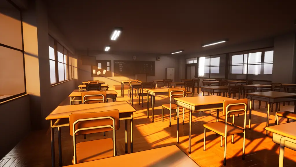 Suasana sekolah yang akrab dan menyenangkan Gambar adegan ruang kelas anime sekolah