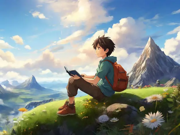 Suasana santai di anime Karakter anime sedang bersantai di alam
